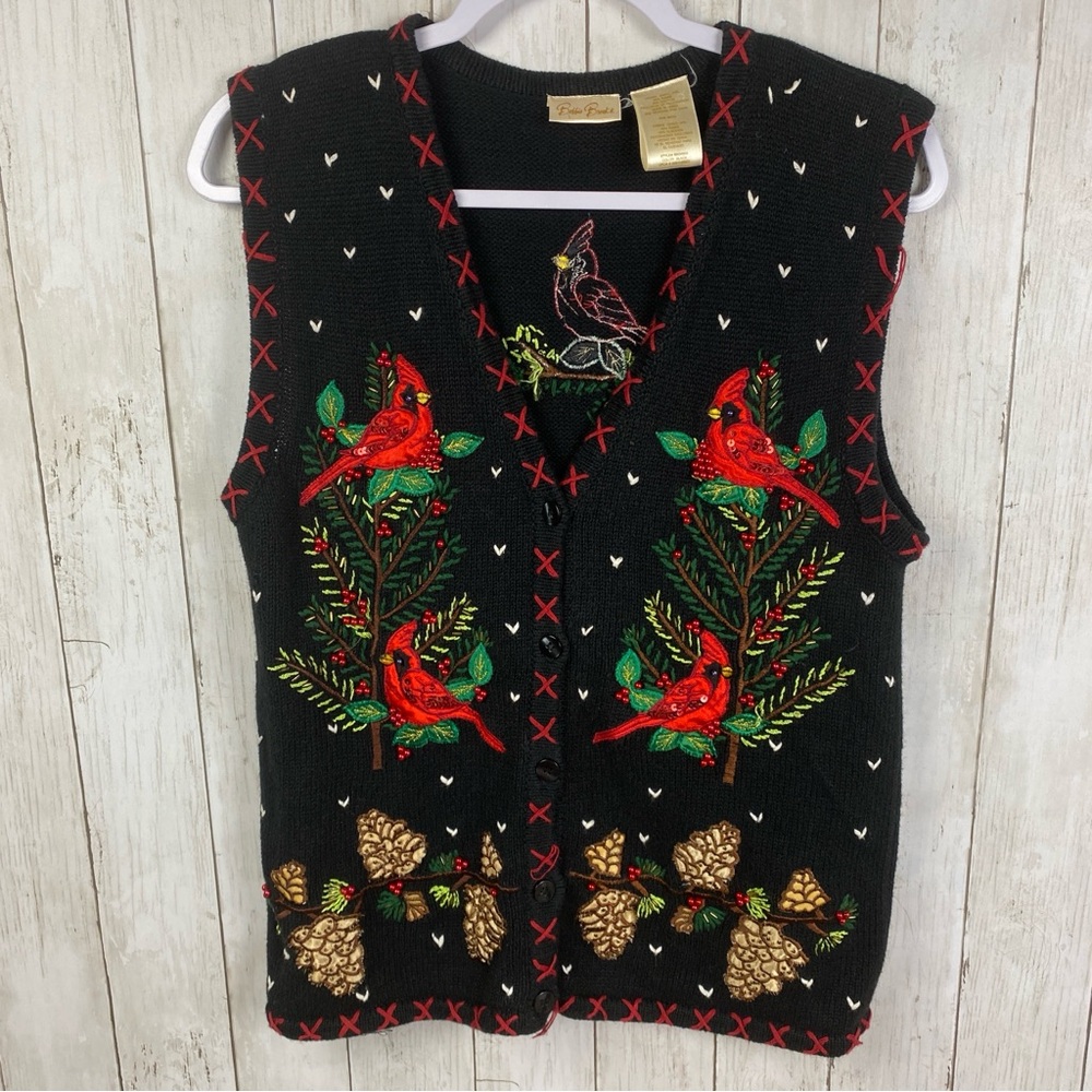 Bobbie Brooks Christmas Beaded Sweater Vest Small Red Black Knit Cardinals